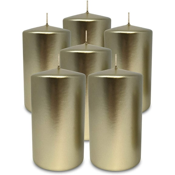 Hyoola 2.75 x 5 inch Metallic Cream Gold Unscented European Made Pillar Candles, Paraffin Wax with Cotton Wicks, 6-Pack