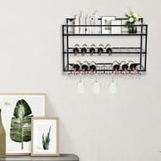 Miumaeov Wall Mounted Wine Shelves Set Industrial 10 Wine Bottle Floating Racks 2 Tier Hanging Glass Storage Rack with Metal Fence for Home Kitchen Bar Pantry L.31.5 x W.9.8 x H.21.6"