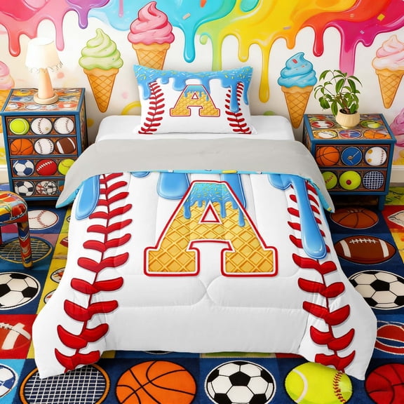 Erosebridal Waffle Drip Letter A Twin Comforter Sets, Cute Baseball Sport Bedding Set for Girls and Boys, Gray Reversible 2pcs, 1 Comforter and 1 Pillowcase