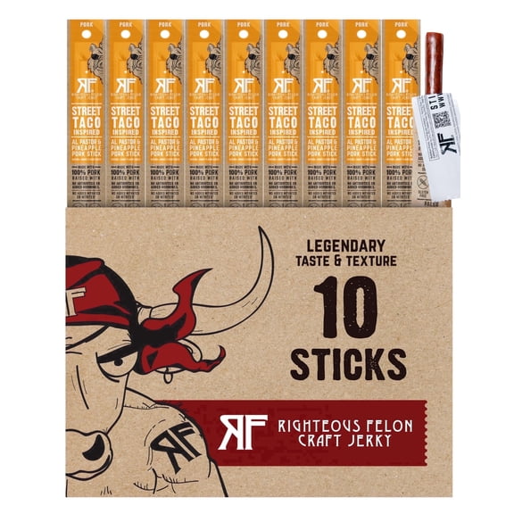 Righteous Felon Meat Sticks - Gluten Free & Keto Pork Sticks, Protein Snacks, Street Taco, 10 pack
