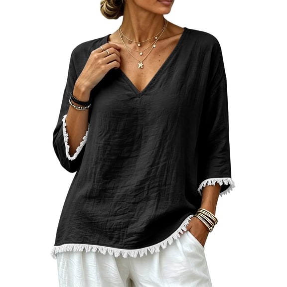 Ayolanni Solid Shirts for Women Cotton V-Neck 3/4 Sleeve Blouse Casual Fringe Oversized Shirts Tops for Women Black L