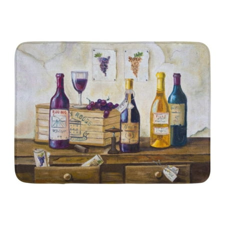Vintage Original Oil Painting GODPOK Beige Still Life of Bottles Wine and Grapes on The Table Original Oil Painting Canvas Hand Vintage Brown Rug Doormat Bath Mat 23.6x15.7 inch ()