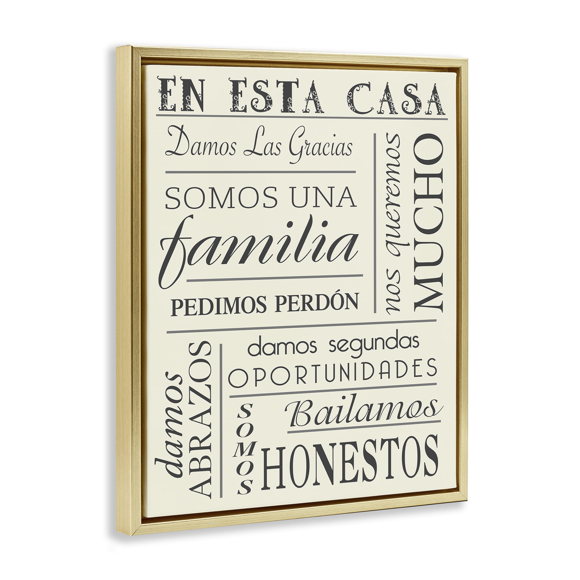 Stupell Industries En Esta Casa Familia Inspirational Quotes & Sayings Painting Gold Floater Framed Art Print Wall Art, 25 x 31
