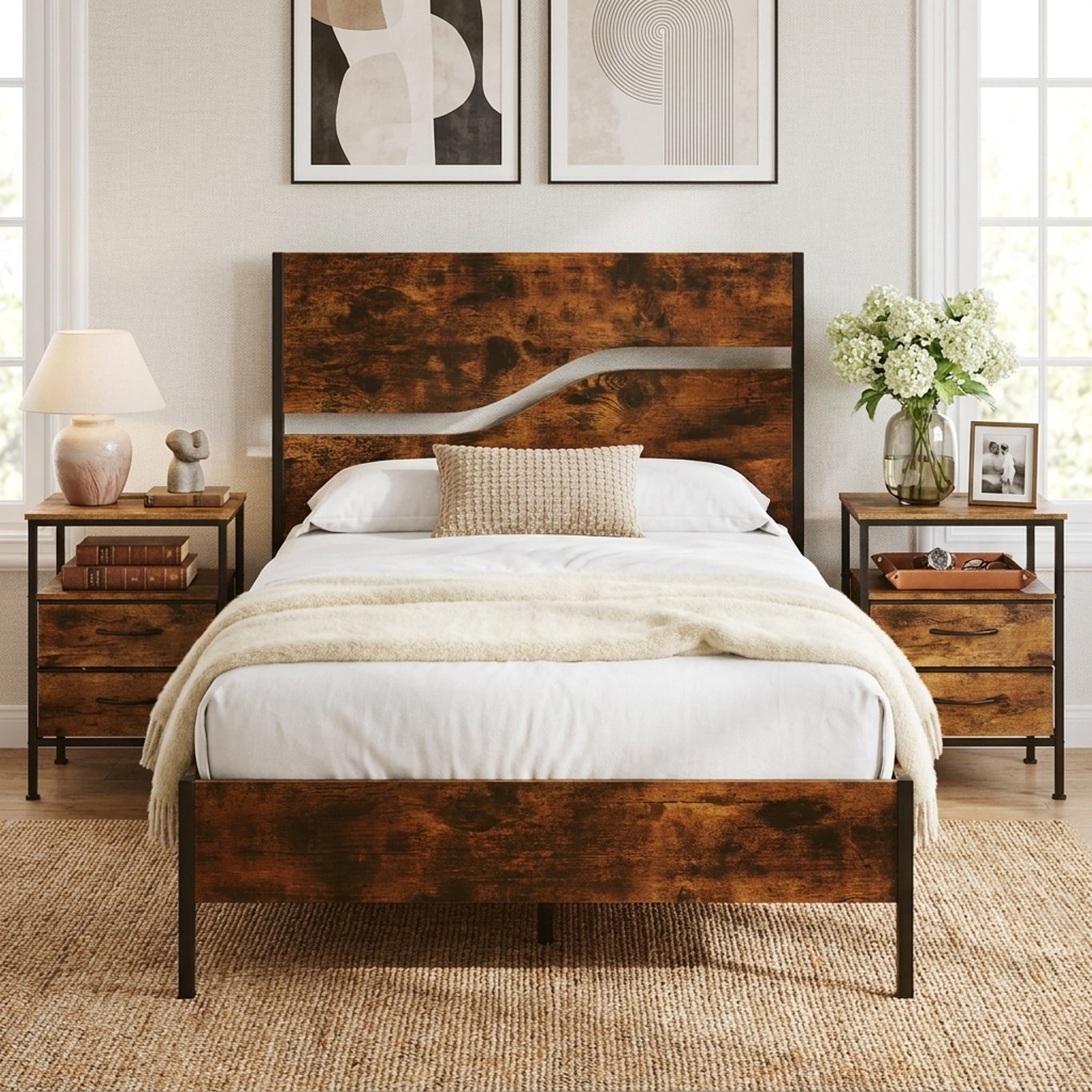 Furnibear Nightstand with Charging Station 24.5 inch Modern Bedside Table with 2 Fabric Drawers for Bedroom Living Room Bedside Sofa, Rustic Brown