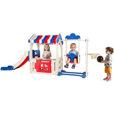 Kids Playhouse with Slide for Toddlers Age 1-5, Toddler Slide with Basketball Hoop, Indoor Toddler Playset Toddler Playground with Swing