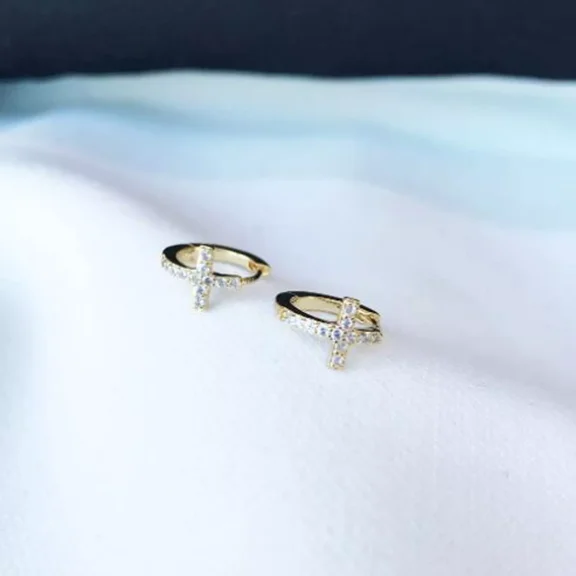 0.09 Ct Round Natural Diamond Cross Huggie Hoop Earrings – 14K Yellow Gold Plated Sterling Silver – Elegant & Hypoallergenic