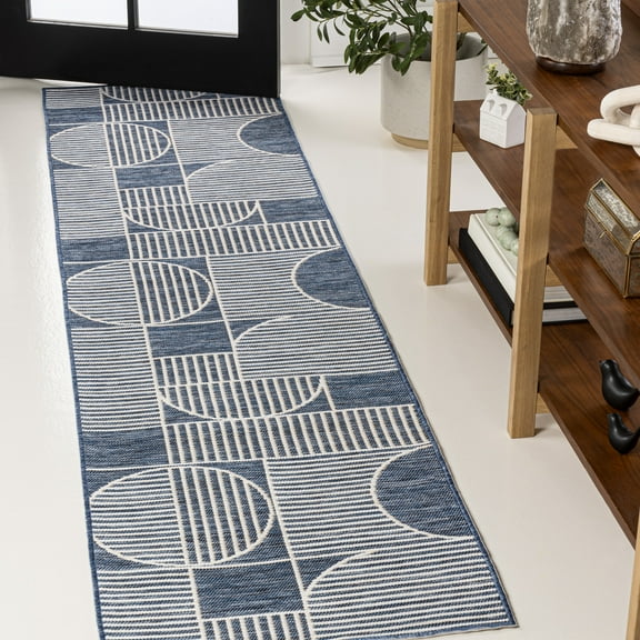 JONATHAN Y SAVANNAH 2 x 8 Runner Rug, Arielle Lines Machine-Washable Reversible - Navy/Cream, SVH111A-28