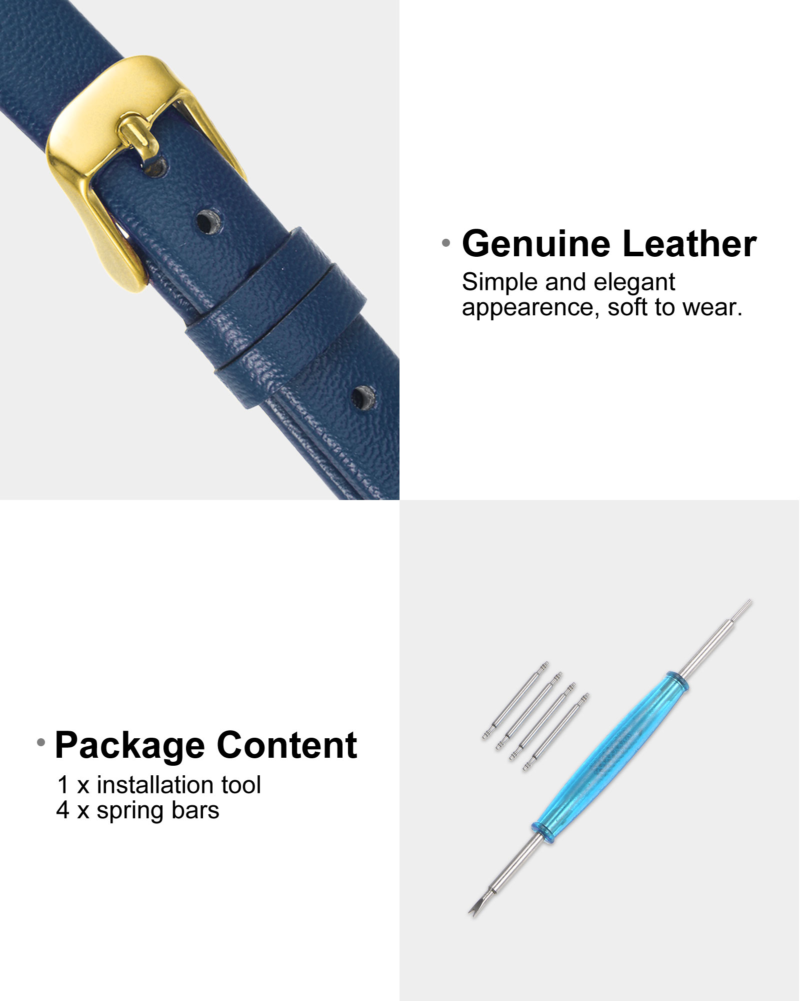 Unique Bargains Multi-sizes Genuine Leather Band Flat Thin Elegant Leather Watch Strap  12mm Blue Band with Gold Buckle