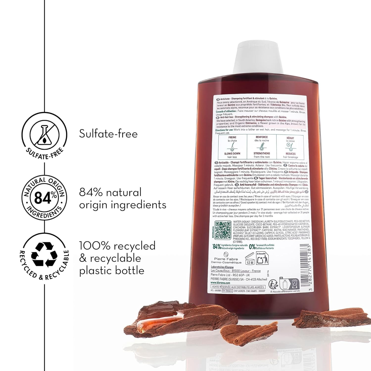 Klorane Strengthening Shampoo with Quinine and Edelweiss - Reduce Hair Thinning & Breakage - Strengthens & Revitalizes, 13.5 fl oz