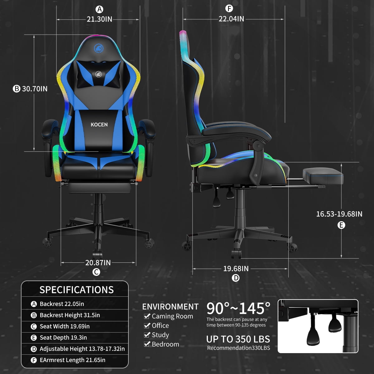 KOCEN Tall and large adult Gaming Chair , Racing Style RGB LED Light Adult Gaming Chairs, Equipped With Lumbar Massager, High Back Adjustable Recliner, With Footrest AndHeadrest.