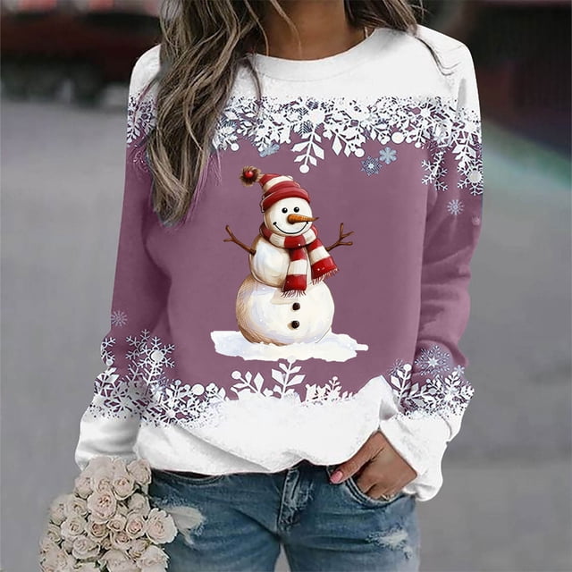 Sharpies Femmes 2024 Automne Haut, Noël Femmes Mode Décontractée Imprimé Col Rond Ample Manches Longues Hauts, Blouse Chandails