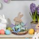 thumbnail image 5 of Figura De Conejo De Plástico Adorno de madera con forma de huevo de Pascua azul con diseño de flor artificial y conejo para decoración de escritorio del hogar (1 unidad) JASKFLY, 5 of 7
