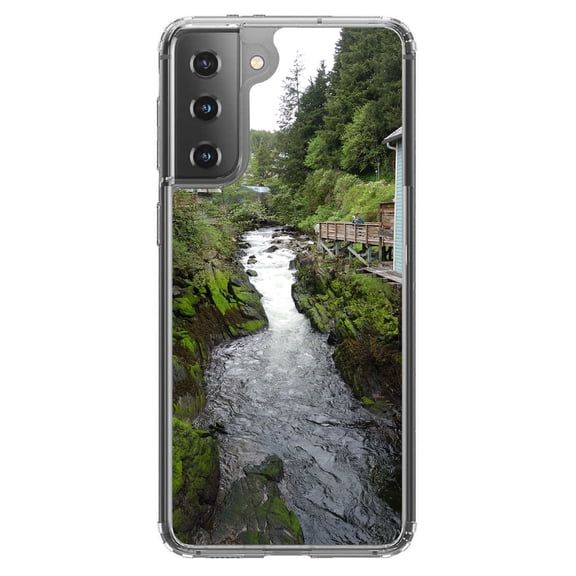 DistinctInk Clear Shockproof Hybrid Case for Galaxy S21 5G (6.2" Screen) - TPU Bumper, Acrylic Back, Tempered Glass Screen Protector - Ketchikan Alaska Stream