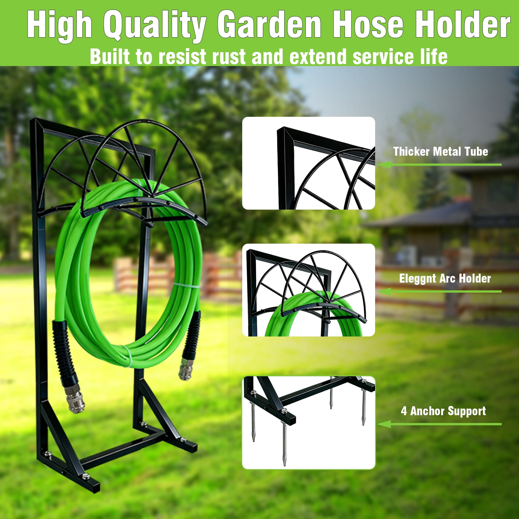 Heavy Duty Garden Hose Holder with 4 Steel Anchors, 150FT Capacity Freestanding Hose Reel, 40 Inch No-Drill Rust-Proof Outdoor Water Hose Organizer for Yard, Lawn, Patio and Backyard