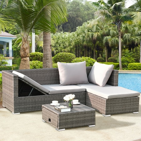 Rotan Furniture Costway 3PCS Rattan Wicker Sofa Furniture Set Steel Frame Adjustable Seat Patio Garden with White Cushions ()