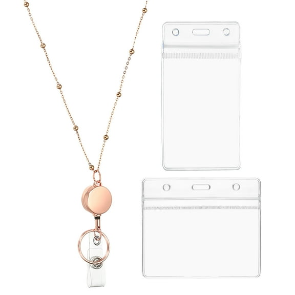 Uxcell Round Badge Necklace Lanyard with 1 Set ID Holder, Rose Gold