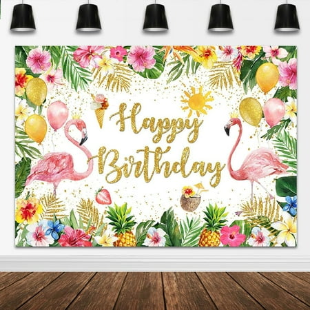 Aloha Luau Backdrop Summer Hawaiian Flamingo Happy Birthday Background Palm Leaves Floral Birthday Party Decorations Banner Photo Studio Props (White)