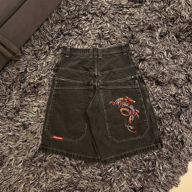 Venta directa de pantalones cortos de mezclilla con estampado hip-hop, pantalones de pierna ancha informales americanos para hombres