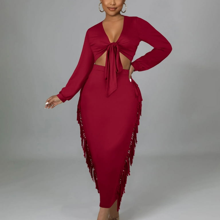 Two Piece Club Outfit for Women Long Sleeve Front Tie Up Crop Top Blouse  Fringe Slim Fitted Pencil Skirt Maxi Dress - Walmart.com