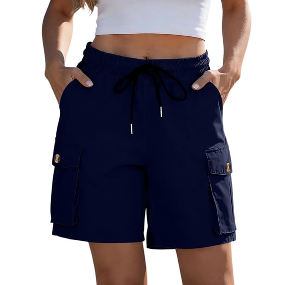 hlysgo Hiking Shorts for Women High Waisted Pull On Cargo Short Casual Golf Thigh Shorts with Pockets Navy,M