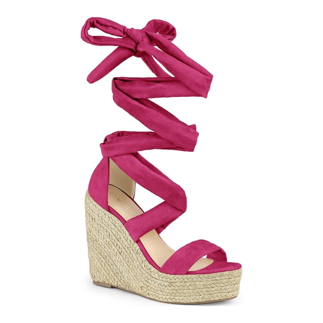 BLISSFUL STEP Sandales pour Femmes en Faux Suède à Plateforme Compensée à Lacets à Bout Ouvert Rose Vif 9