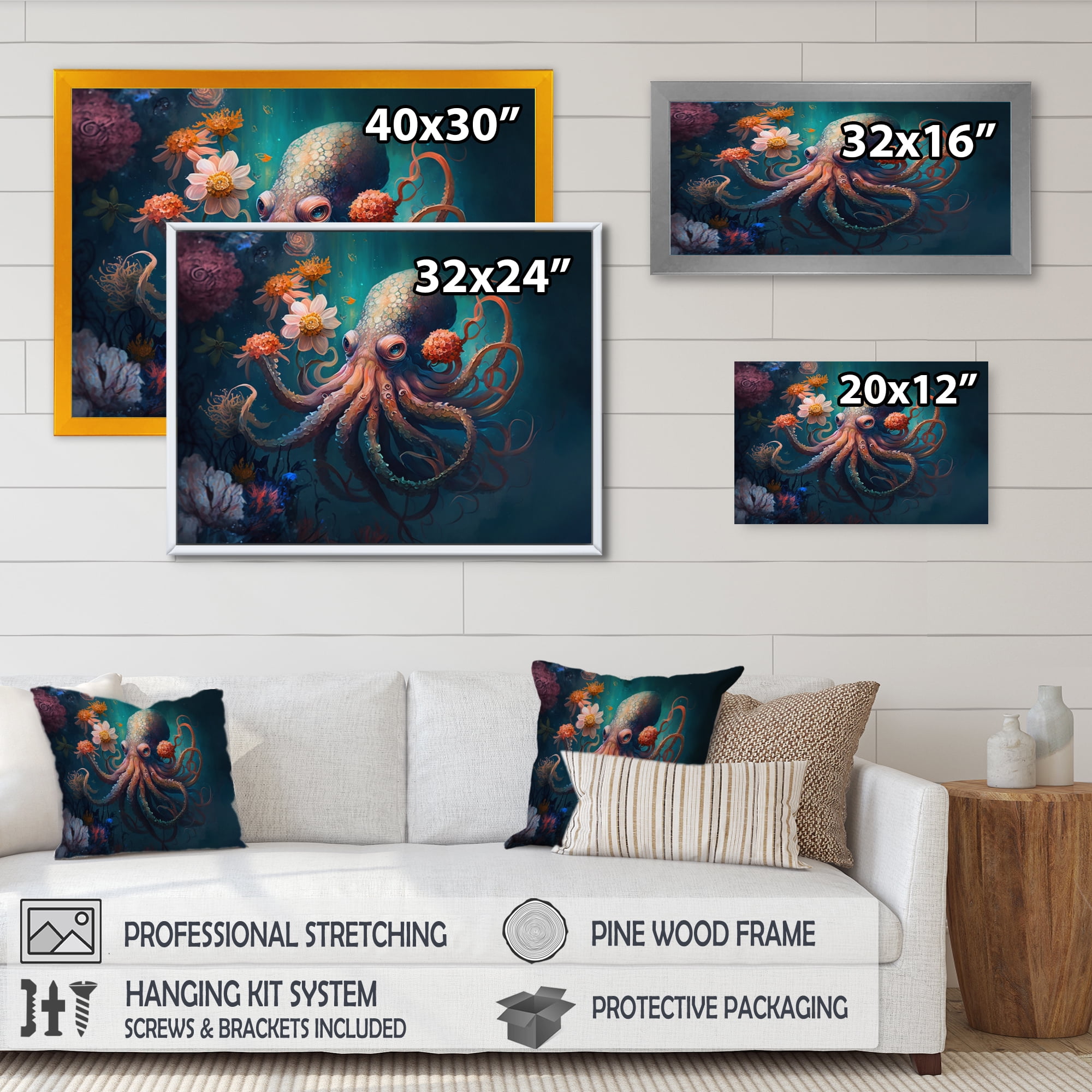 Designart Octopus In The Ocean With Flowers III Canvas Wall Art