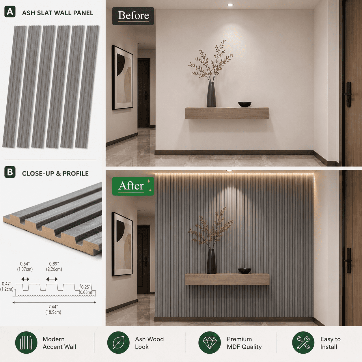 Yeslife 6 pcs Slat Wall Panels, 94.49 x 7.44 in, Ash MDF, 3D Decorative Design for Interior Walls and Ceilings