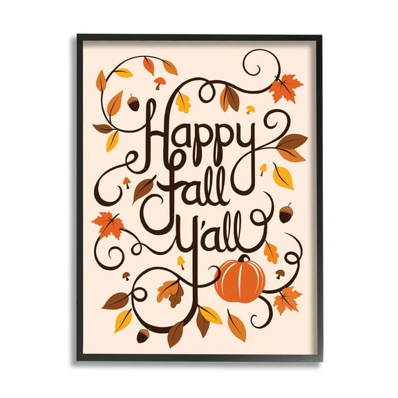 Stupell Indtries Happy Fall Y'all Phrase Autumn Foliage Typography Acorns,16 x 20,Design by Jo Taylor