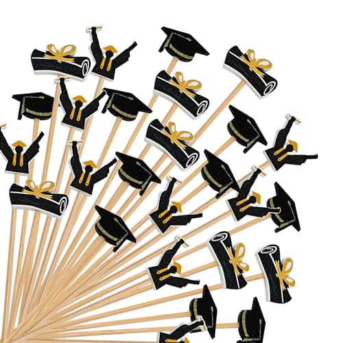 100 Pcs Graduation Cocktail Picks Irish 4.7 Inch Bachelor Hat Bamboo Cocktail Toothpicks Wooden Cocktail Sticks for Graduation Sports Party Decoration