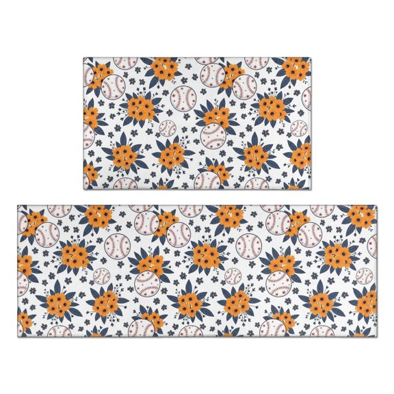 Baseballs and Flowers White Pattern Anti Fatigue Kitchen Rugs Set Of 2, Non Slip Washable Decorative Floor Mats for Kitchen Sink Laundry, 17"x30" and 17"x47"