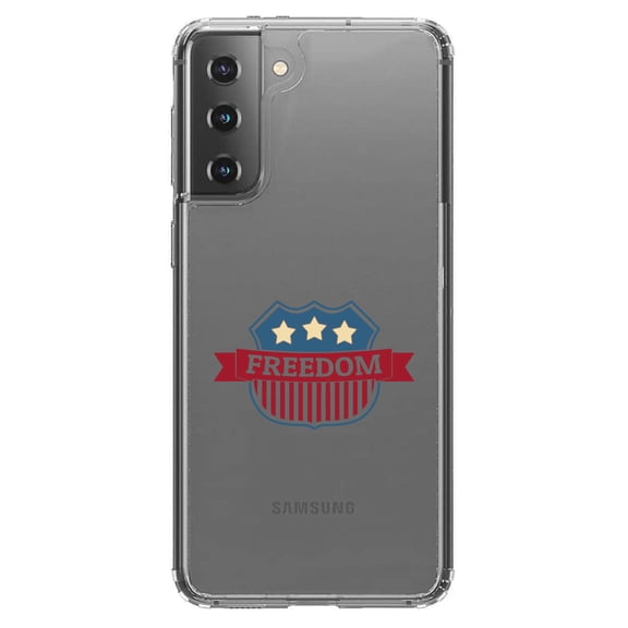DistinctInk Clear Hybrid Case for Samsung Galaxy S21 Plus (6.7" Screen) - USA Freedom Badge Red White & Blue - Tempered Glass Back