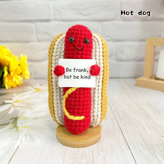 Handmade Emotional Support Hot Dog, Positive Crochet Doll with Card, Inspirational Small Handmade Knitted, Funny Gifts for Women Men Birthday Friends Coworkers, Office Decor