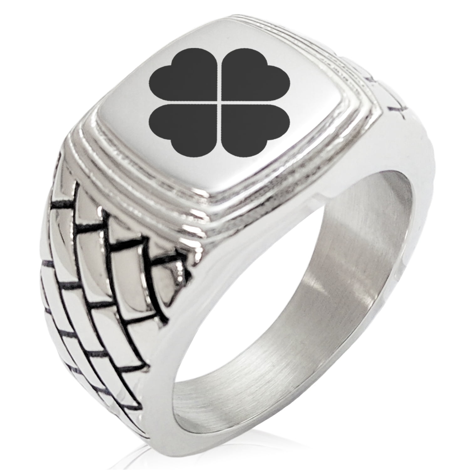 Tioneer Stainless Steel Four Leaf Clover Heart Geometric Pattern Biker Style Polished Ring