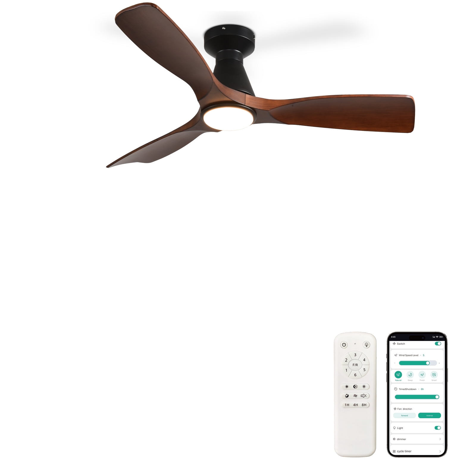 DingLiLighting 42-Inch Ceiling Fan with Lights: Walnut Flush Mount Ceiling Fan with Remote APP Control - Low Profile 3-Blade Fans for Indoor Outdoor 24W 3CCT Dimmable Timer DC Motor