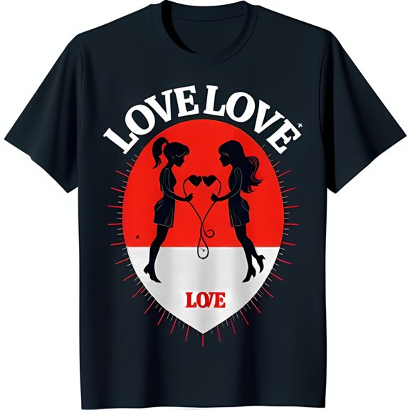 Black T-Shirt with Graphic of Two Women Holding Hands 'Love Love' Circle & Heart Design