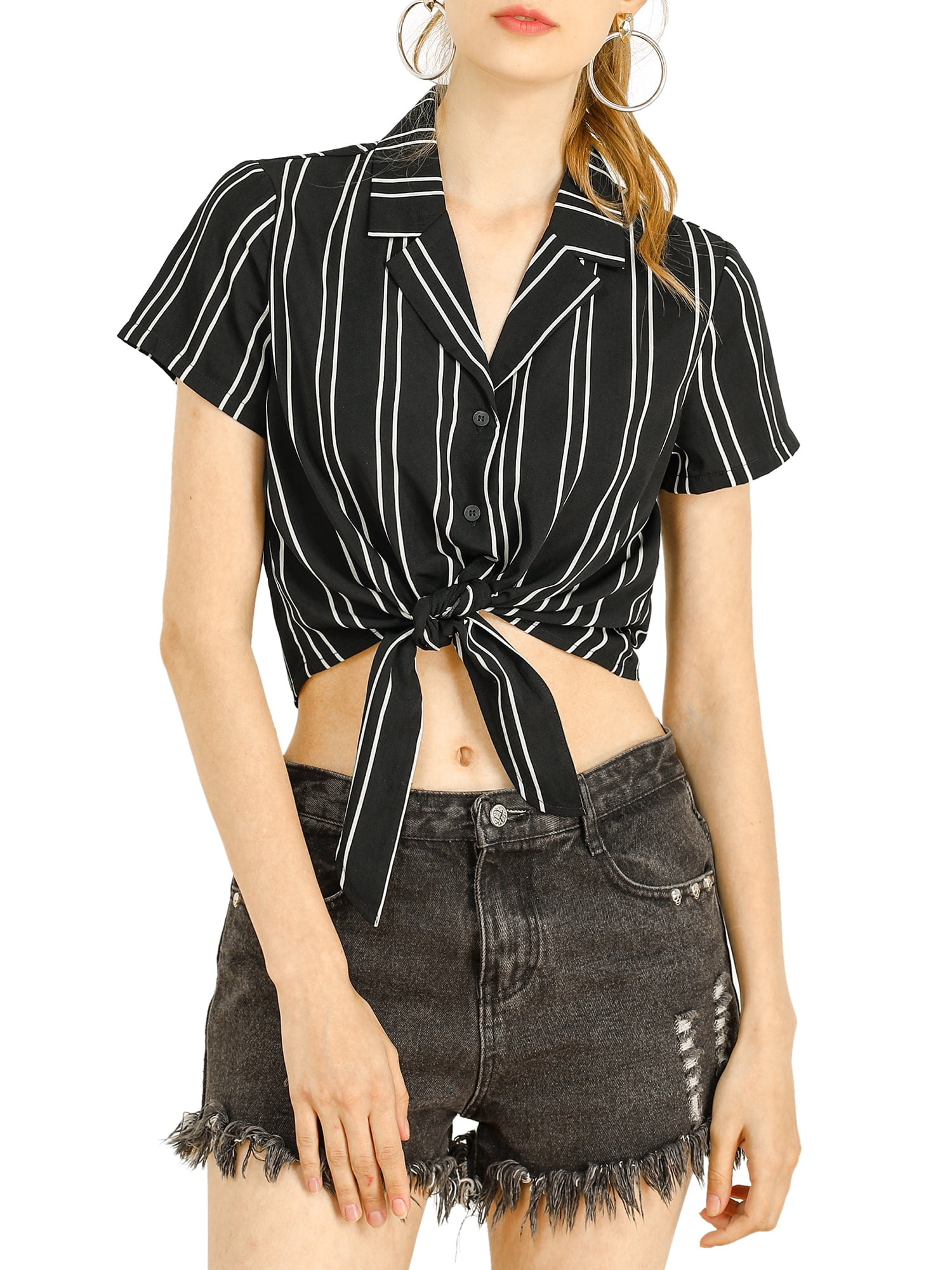 DARING DIVA Women's Striped Button Up Short Sleeve Tie Front Crop Shirt S Black