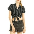 thumbnail image 3 of MODA NOVA Junior's Striped Button Up Short Sleeve Tie Front Crop Shirt Black L, 3 of 6