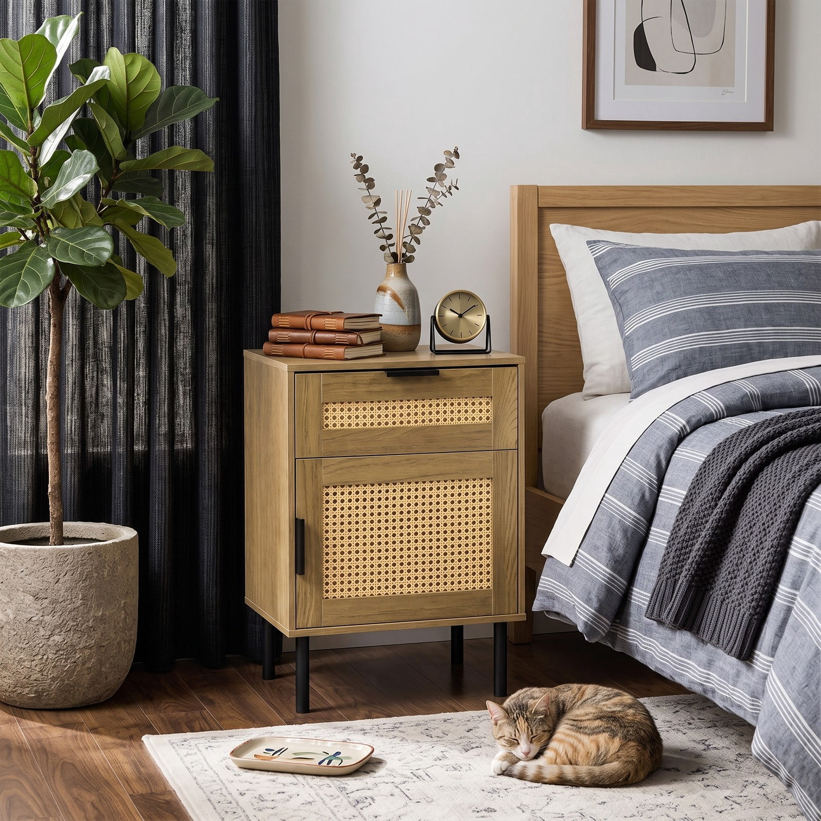 Furnibear Rattan Nightstand with Drawer and Storage Cabinet as a Bedside Table for Bedroom Dorm and Living Room, Natural