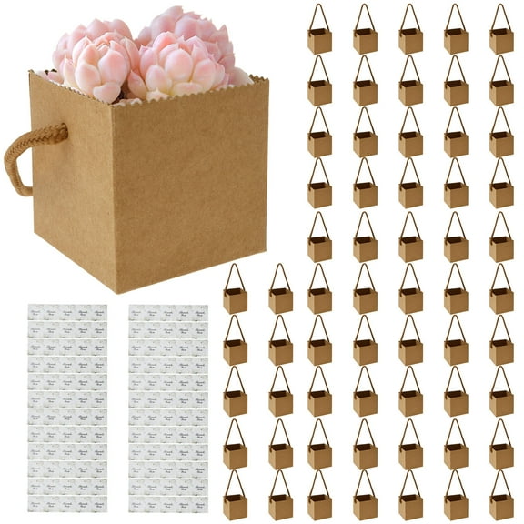 60 Pcs Paper Succulent Wrap Bag with 120 Pcs Thank You Stickers Reusable Succulents Wrap with Handle for Wedding Baby Shower and Party Favors