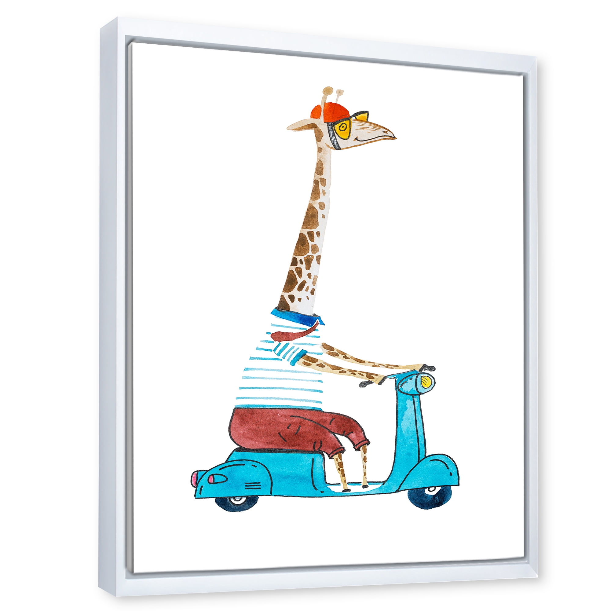 Designart 'Giraffe Dressed Up Wearing Helmet & Riding Blue Scooter' Children's Art Framed Canvas Wall Art Print