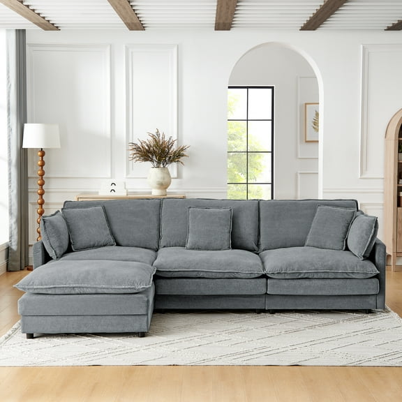 L-Shaped Deep Seat Couch for Living Room,Convertible Sectional Sofa Couch, Oversized 4 Seat Cloud with Storage Ottoman,Mid-Century Modern Sofa,Grey