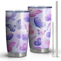 20oz Tumblers Purple Butterfly Lavender Pattern Stainless Steel Vacuum Insulated Double Wall Travel Tumbler Cups Mug with Lid and Straw,Cleaning Brush for Cold & Hot Drinks