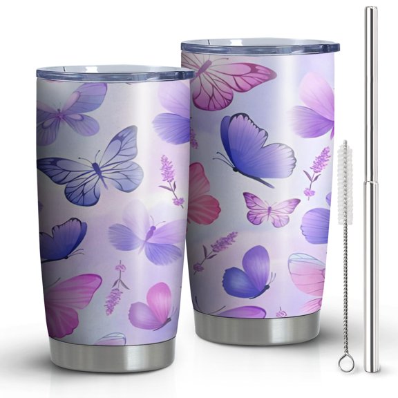 20oz Tumblers Purple Butterfly Lavender Pattern Stainless Steel Vacuum Insulated Double Wall Travel Tumbler Cups Mug with Lid and Straw,Cleaning Brush for Cold & Hot Drinks