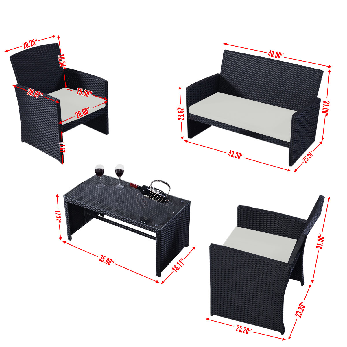 CB16574 Outdoor Wicker Rattan Patio Furniture Set, Black - 4 Piece - image 4 of 6