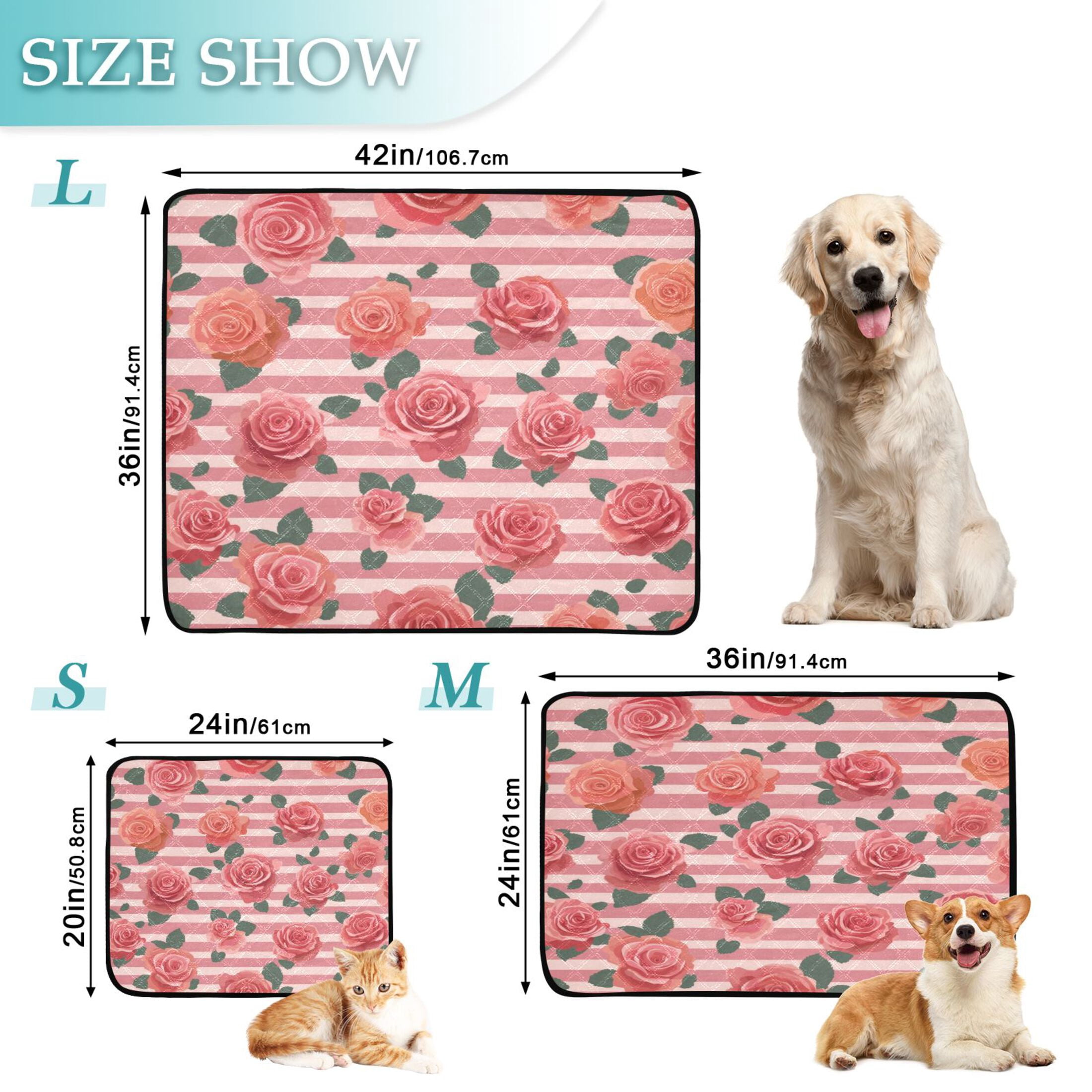 Washable Pet Pee Pads Soft Plush Absorbent Mat Non-Slip Floor Protector for for Dogs & Cats Roses and Stripes Pattern
