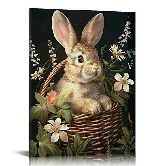 Jiayy Animal Canvas Art, Rabbit Is Sitting In Basket Of Wild Flowers Picture, Decoration Easter Poster Watercolor Painting Farmhouse Canvas Wall Art Bedroom Home Living Room