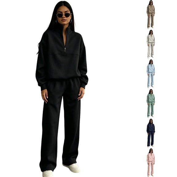 WULMLEO Two Piece Sweatsuit Women Fall Lounge Half Zip Up Long Sleeve Sweatshirt Wide Leg Pants Outfits Casual Fashion Tracksuit Trendy Sets Black XL