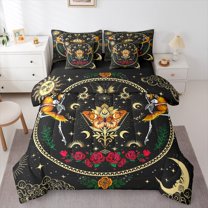 jejeloiu Halloween Skull 7 Pieces Bedding Comforter Set,Gothic Theme Full Bedding Set,Romantic Red Flower Fitted Sheet Flat Sheet For Kids,Breathable Home Decor Reversible