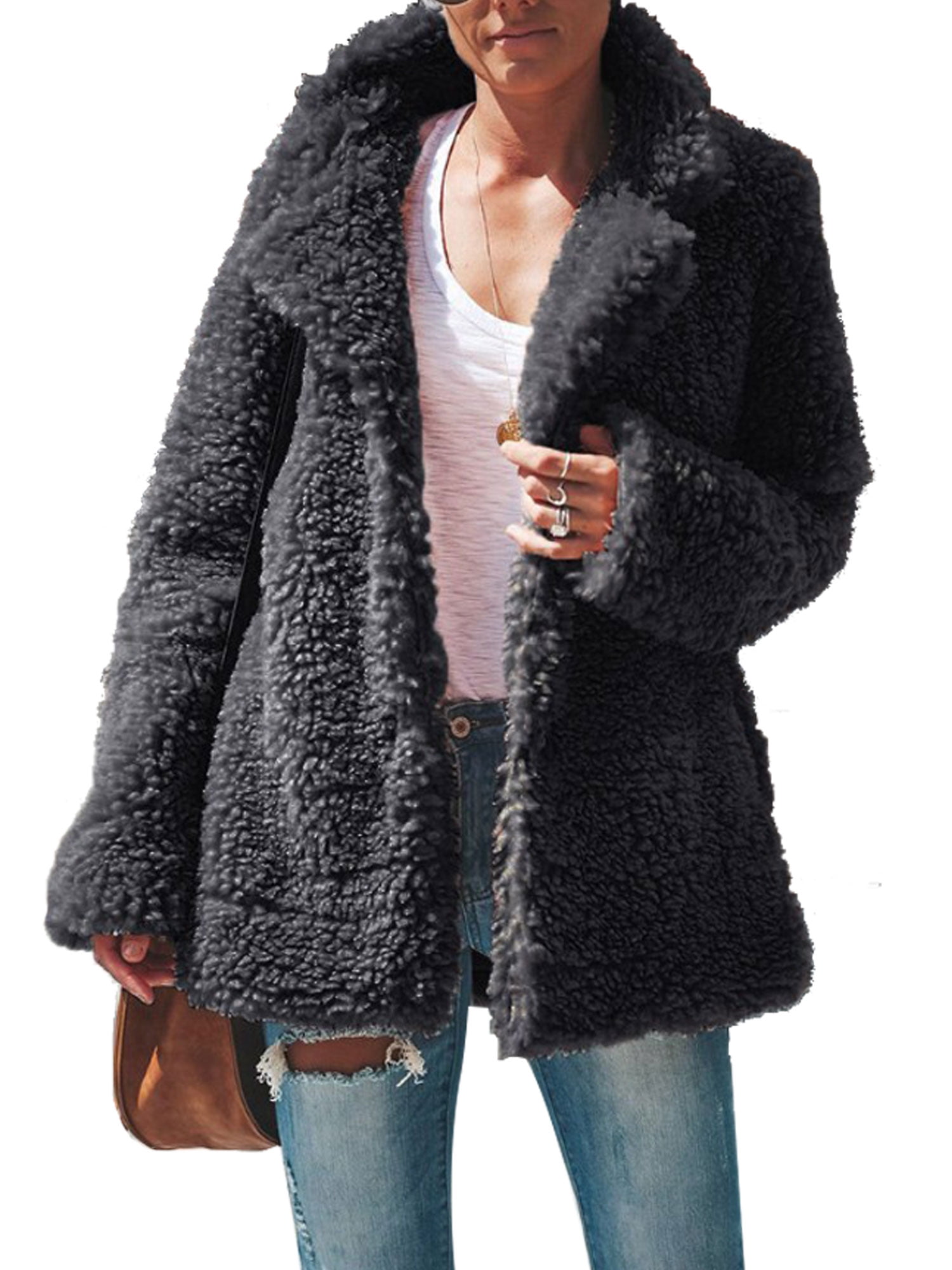 Elegant Plush Outwear for Winter RNTOP Fashion Solid Lapel Long Sleeve Coat Women Ladies Faux Fur Cardigan