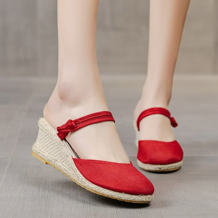 

Cathalem Sexy Sandals Heels for Women Beach Comfortable Sandals Color Women Summer Weave Breathable Shoes Solid Toe Round Wedges Sandal Red 8.5